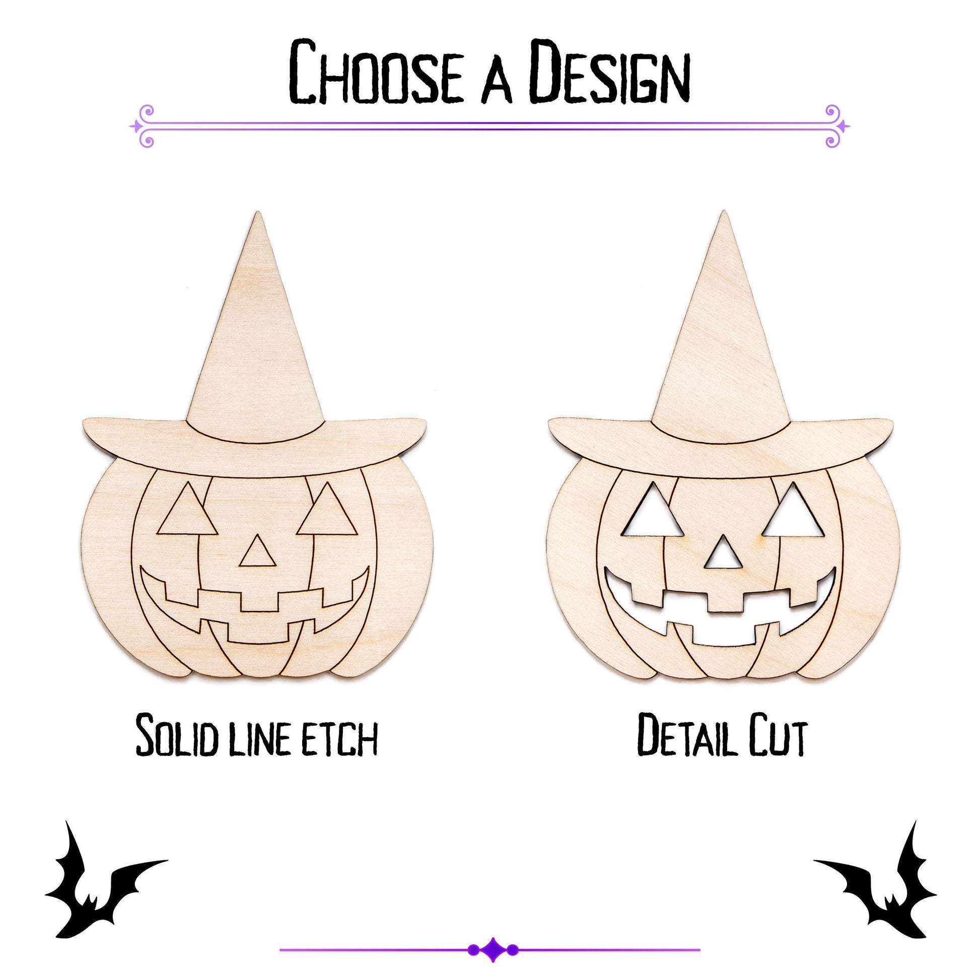 Jack O Lantern With Witch Hat Detailed Wood Cutout - Laser Cut Unfinished Craft Shape - Multiple Sizes