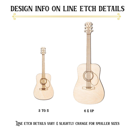 Acoustic Guitar Detailed Wood Cutout - Laser Cut Unfinished Craft Shape - Multiple Sizes