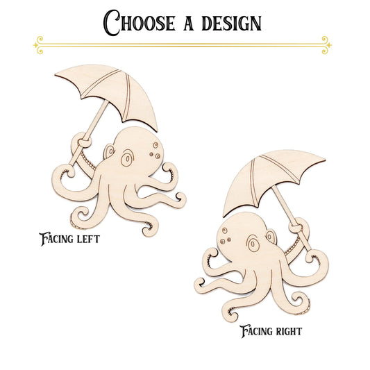Octopus With Umbrella Detailed Wood Cutout - Laser Cut Unfinished Craft Shape - Multiple Sizes