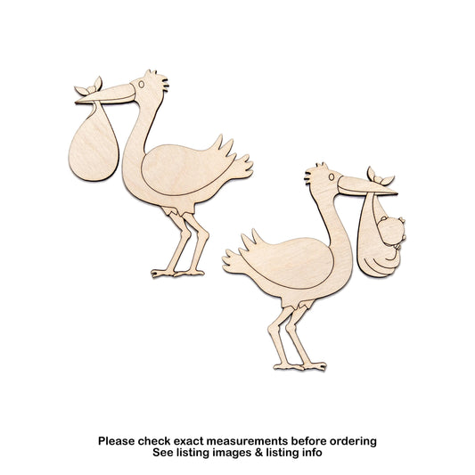 Stork With Baby Wood Cutout - Laser Cut Unfinished Craft Shape - Multiple Sizes