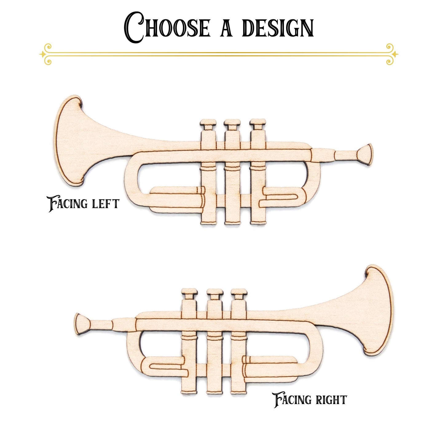 Trumpet Detailed Wood Cutout - Laser Cut Unfinished Craft Shape - Multiple Sizes
