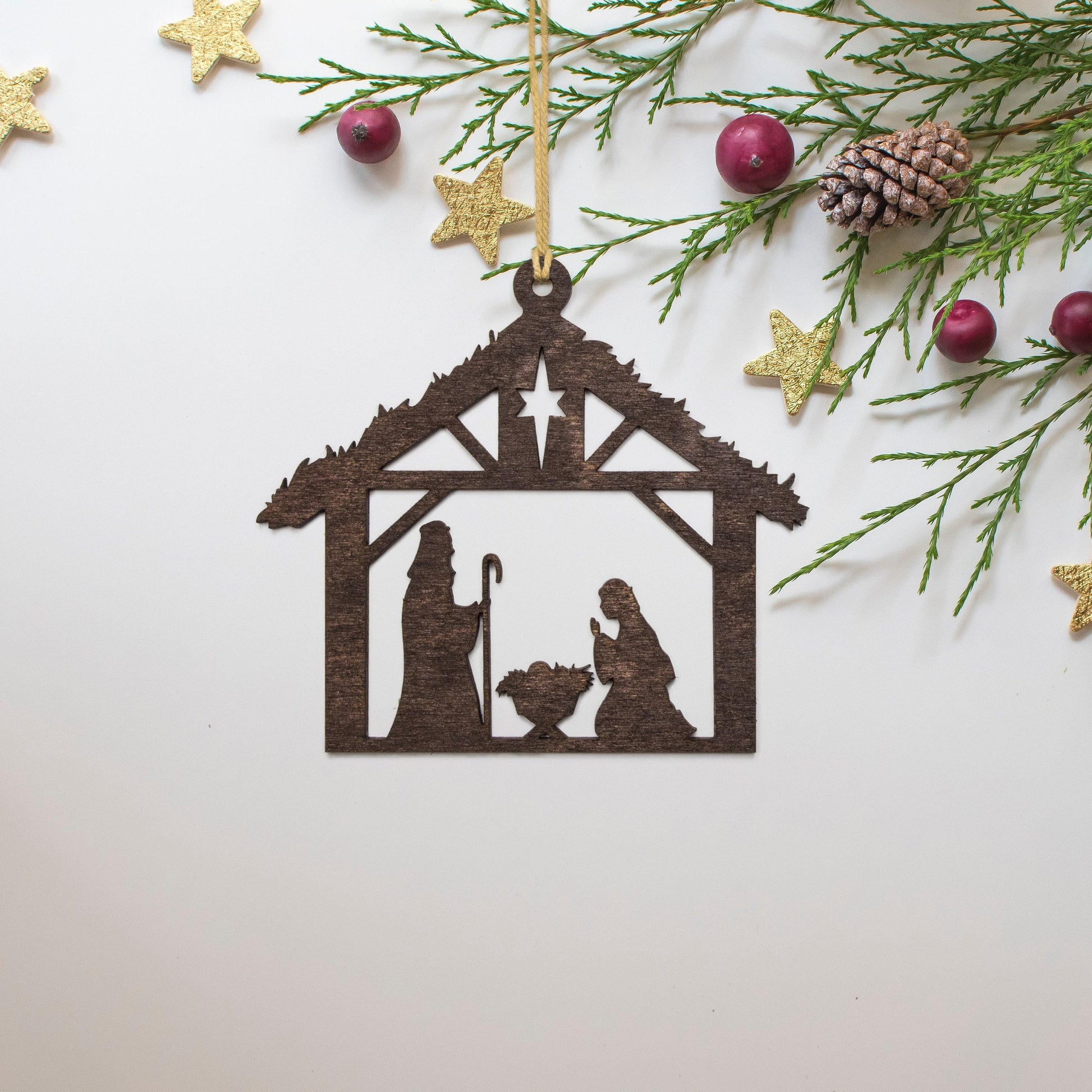 Nativity Scene Stained Wood Ornament - Laser Cut Holiday Craft Shape