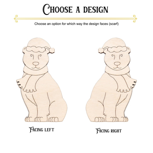 Polar Bear With Scarf and Hat Detailed Wood Cutout - Laser Cut Unfinished Craft Shape - Multiple Sizes
