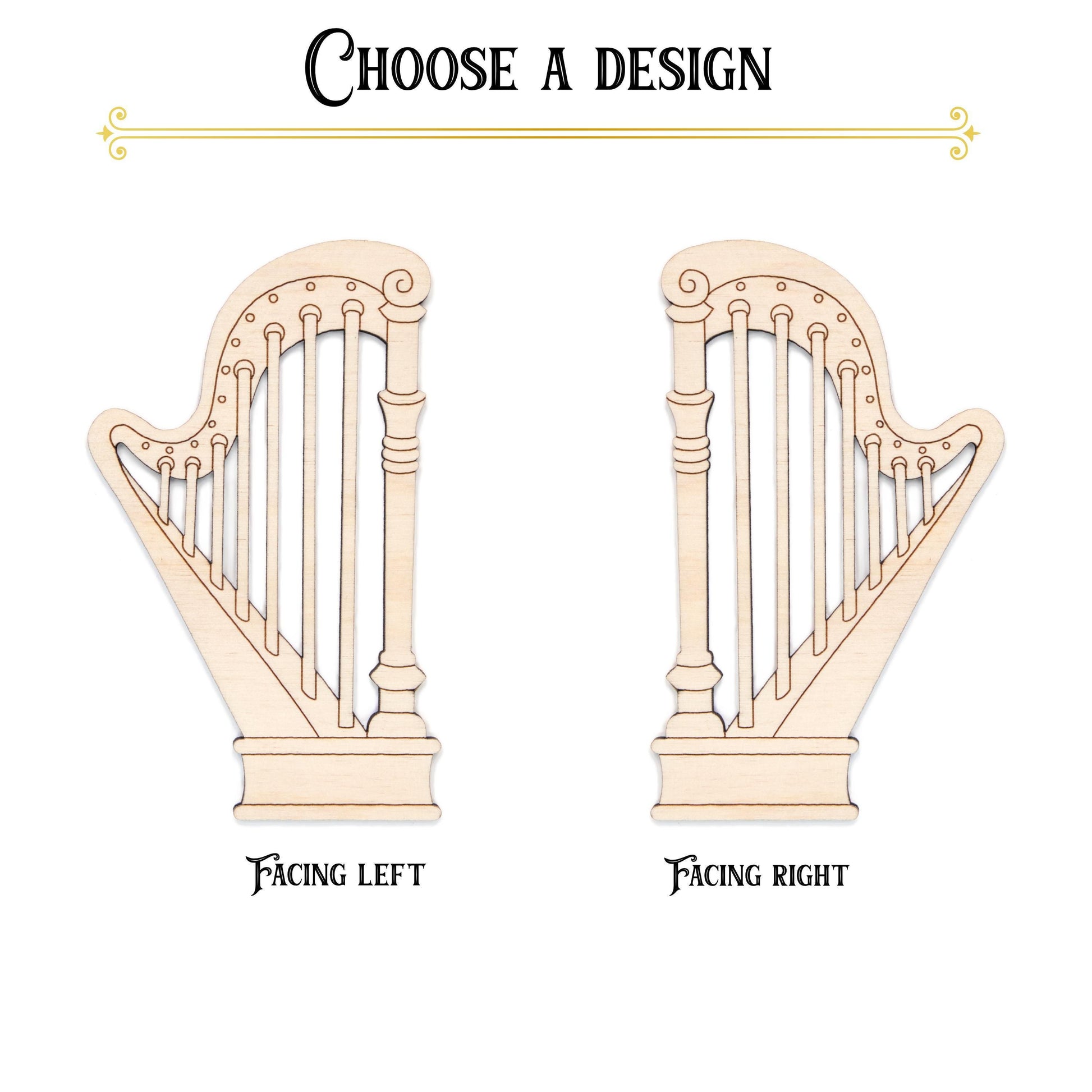Harp Wood Cutout - Laser Cut Unfinished Craft Shape - Multiple Sizes