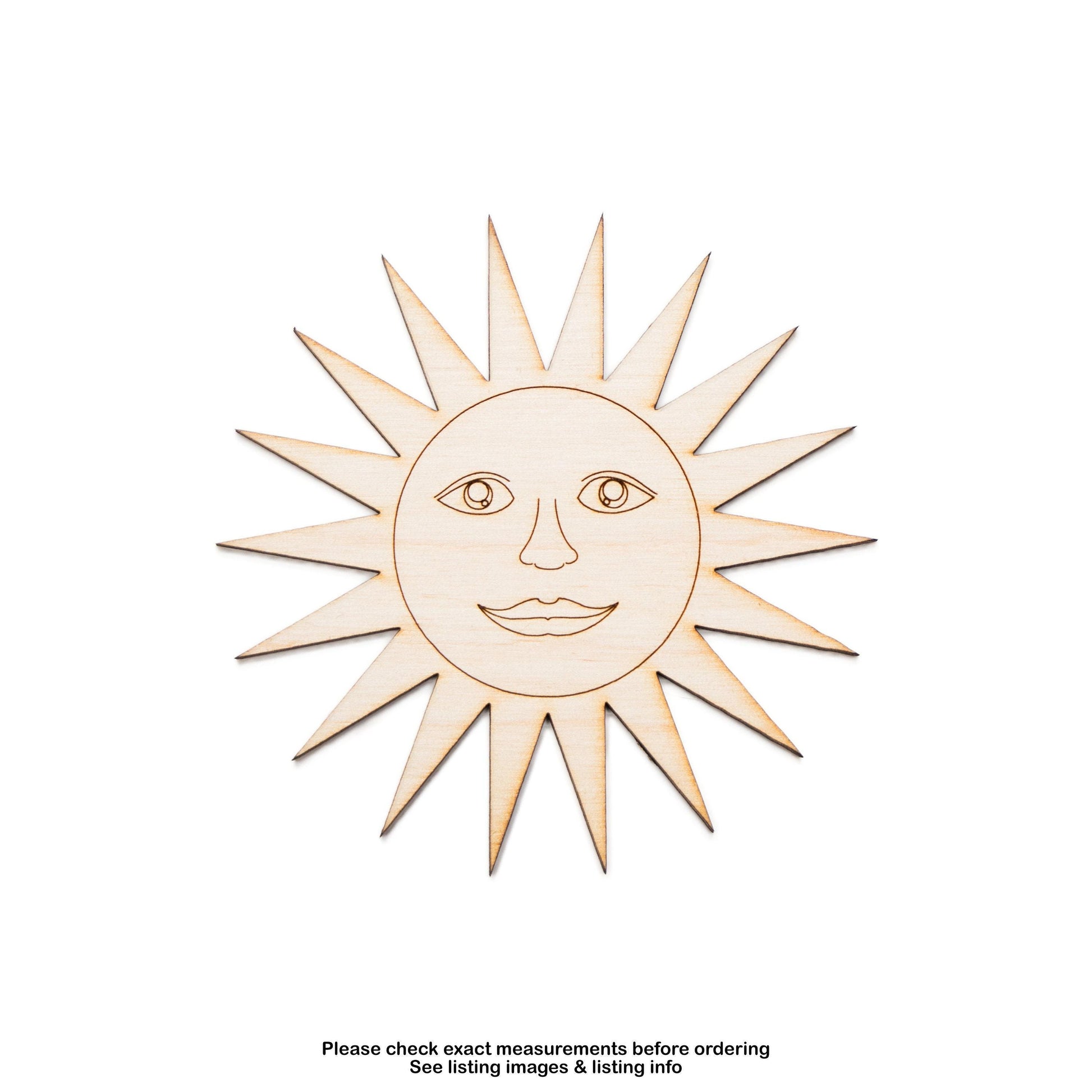 Smiling Sun Wood Cutout - Laser Cut Unfinished Craft Shape - Multiple Sizes