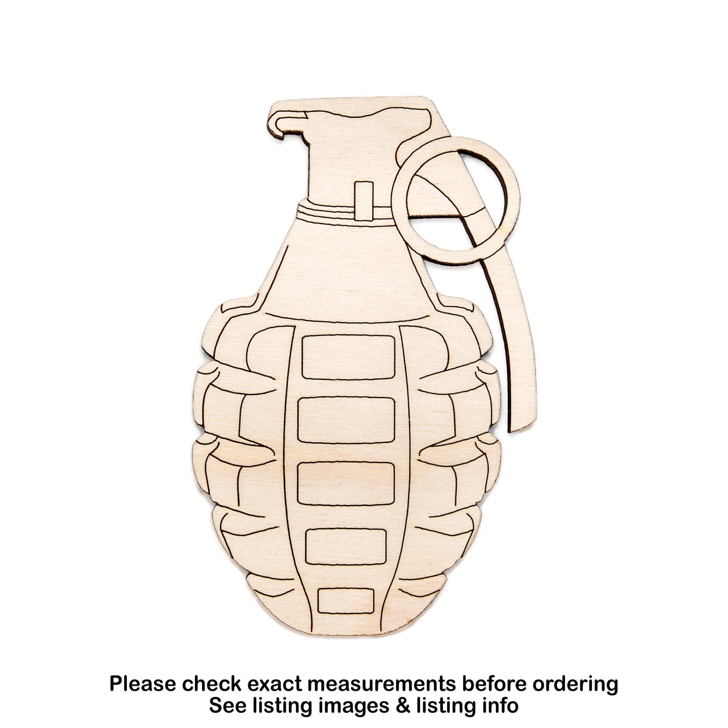 Grenade Detailed Wood Cutout - Laser Cut Unfinished Craft Shape - Multiple Sizes