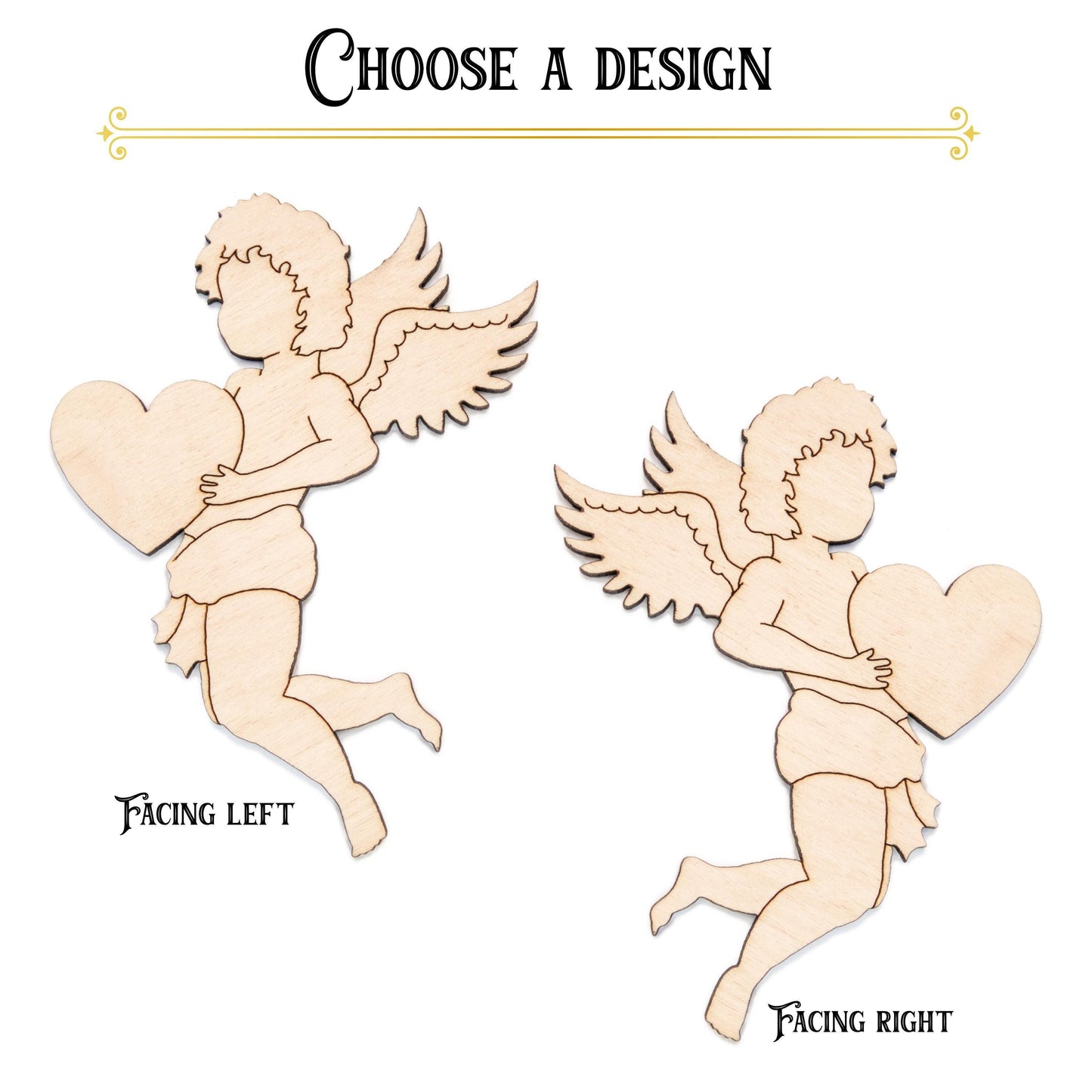 Cupid With Heart Wood Cutout - Laser Cut Unfinished Craft Shape - Multiple Sizes