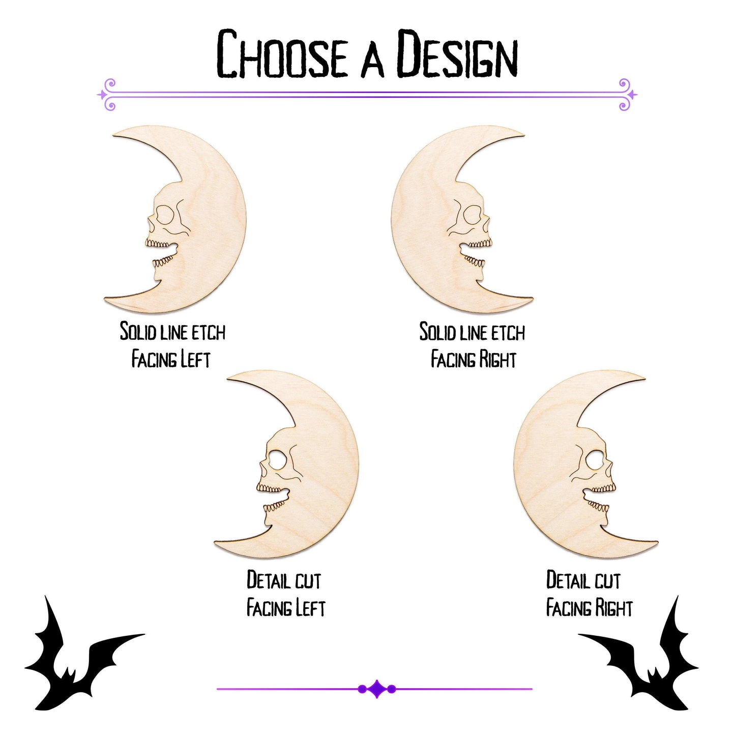 Skull Crescent Moon Wood Cutout - Laser Cut Unfinished Craft Shape - Multiple Sizes