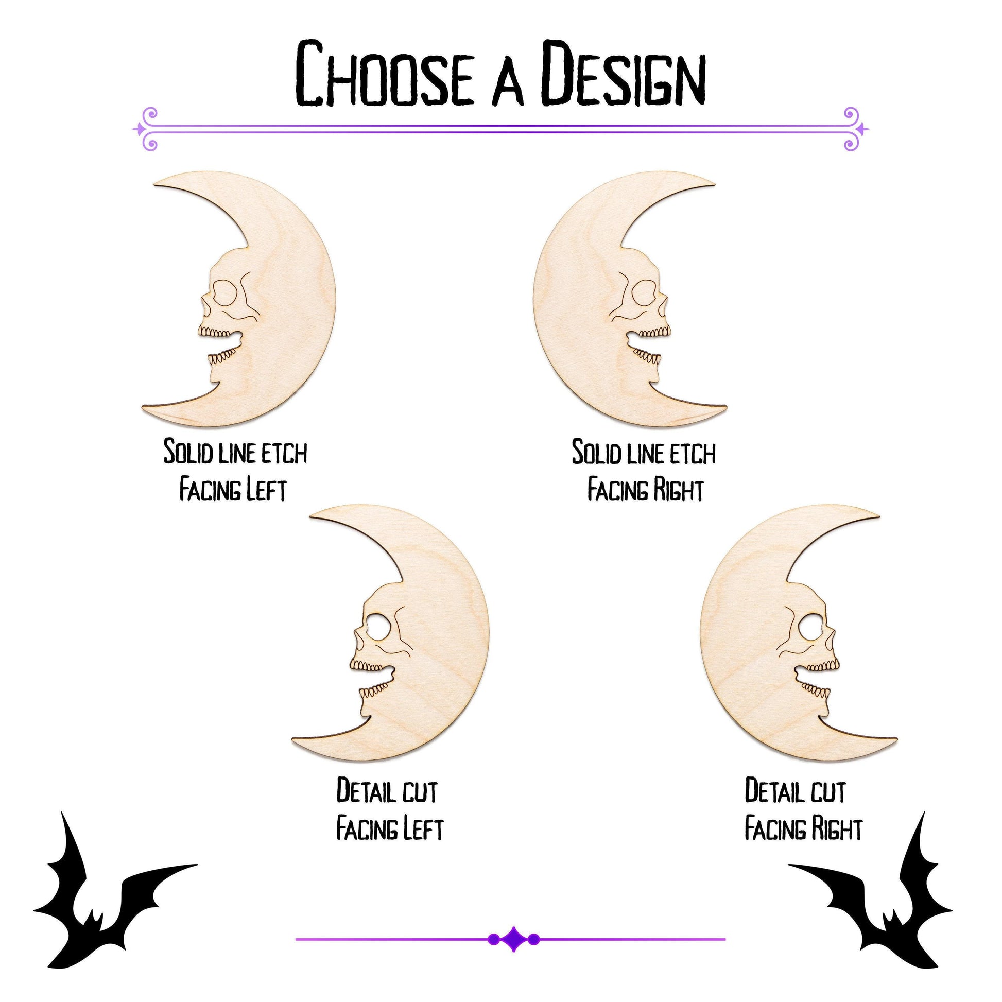 Skull Crescent Moon Wood Cutout - Laser Cut Unfinished Craft Shape - Multiple Sizes