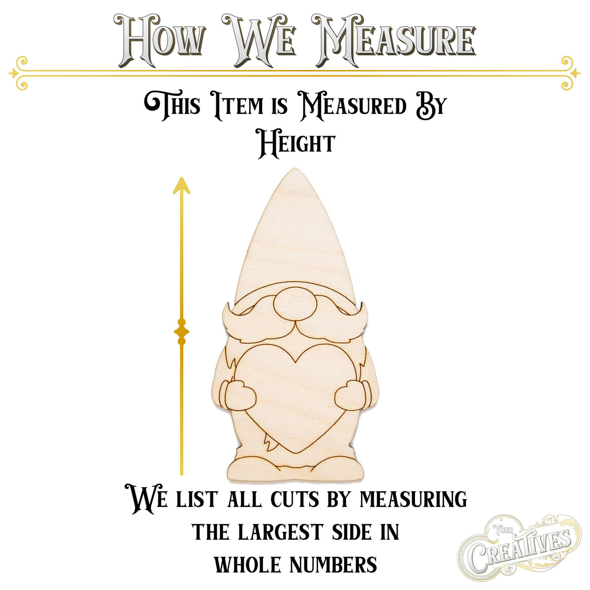 Gnome With Hearts Wood Cutout - Laser Cut Unfinished Craft Shape - Multiple Sizes