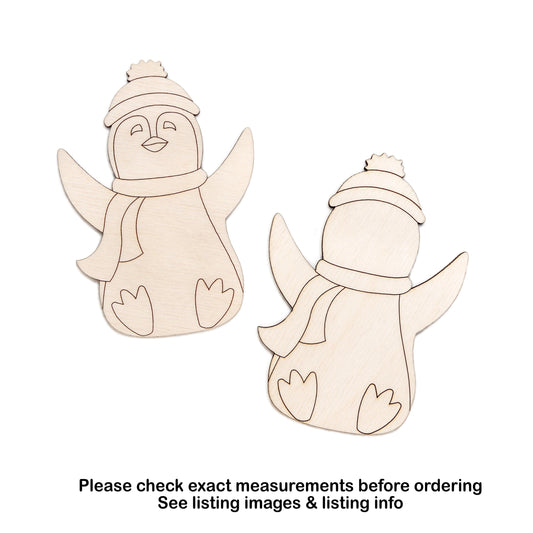 Winter Penguins With Scarves Wood Cutout - Laser Cut Unfinished Craft Shape - Multiple Sizes