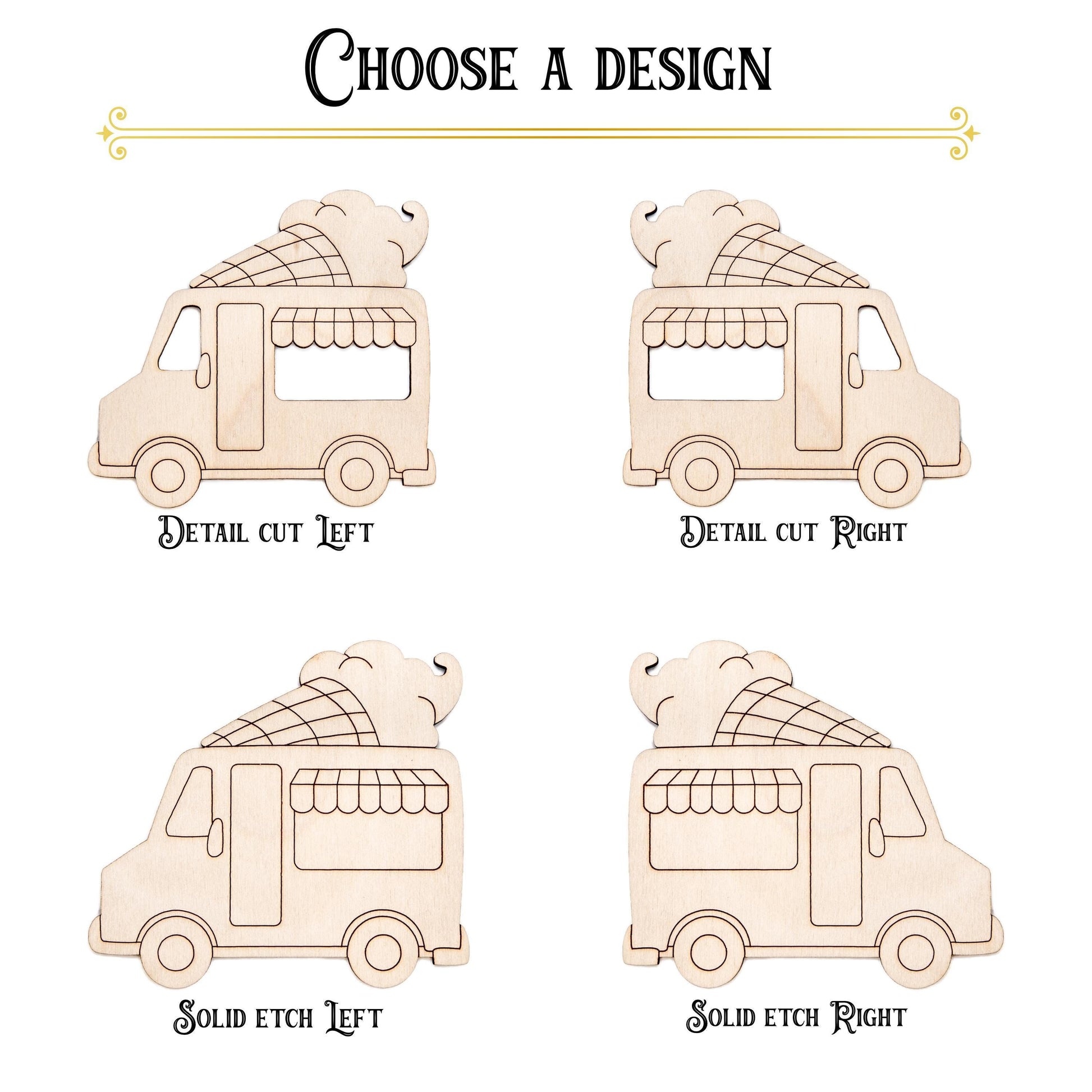 Ice Cream Truck Detailed Wood Cutout - Laser Cut Unfinished Craft Shape - Multiple Sizes