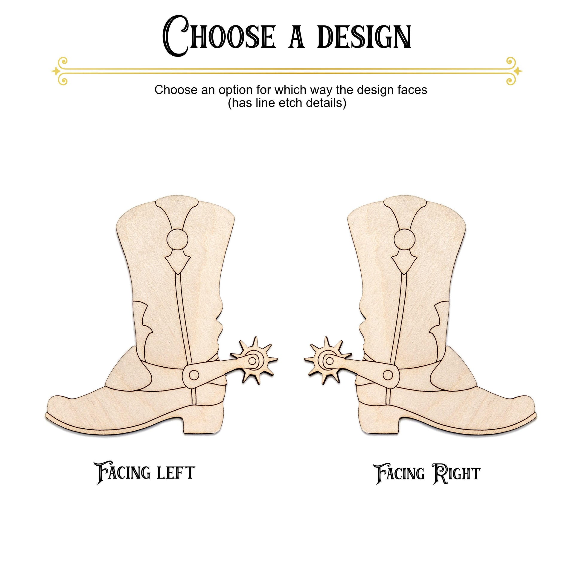 Cowboy Boot With Spur Detailed Wood Cutout - Laser Cut Unfinished Craft Shape - Multiple Sizes