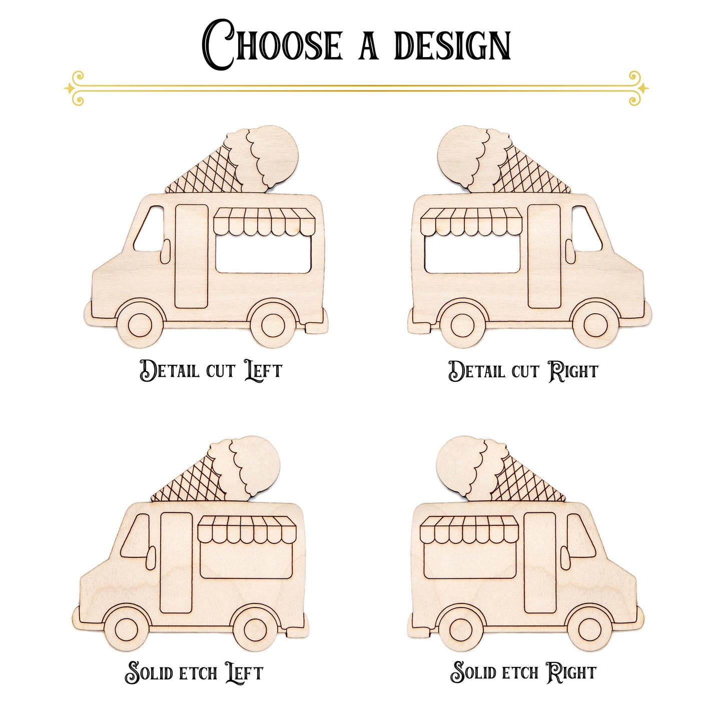 Ice Cream Truck Two Scoops Detailed Wood Cutout - Laser Cut Unfinished Craft Shape - Multiple Sizes