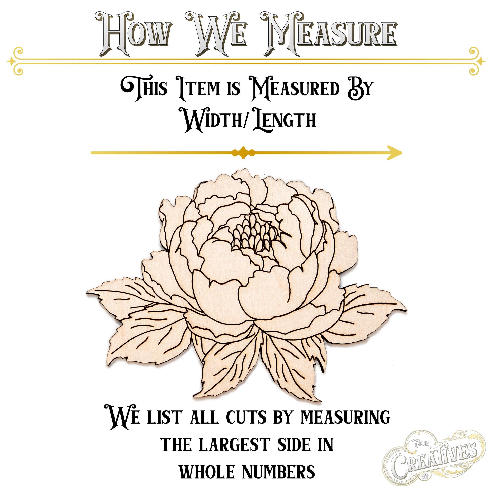 Peony Flower With Leaves Wood Cutout - Laser Cut Unfinished Craft Shape - Multiple Sizes