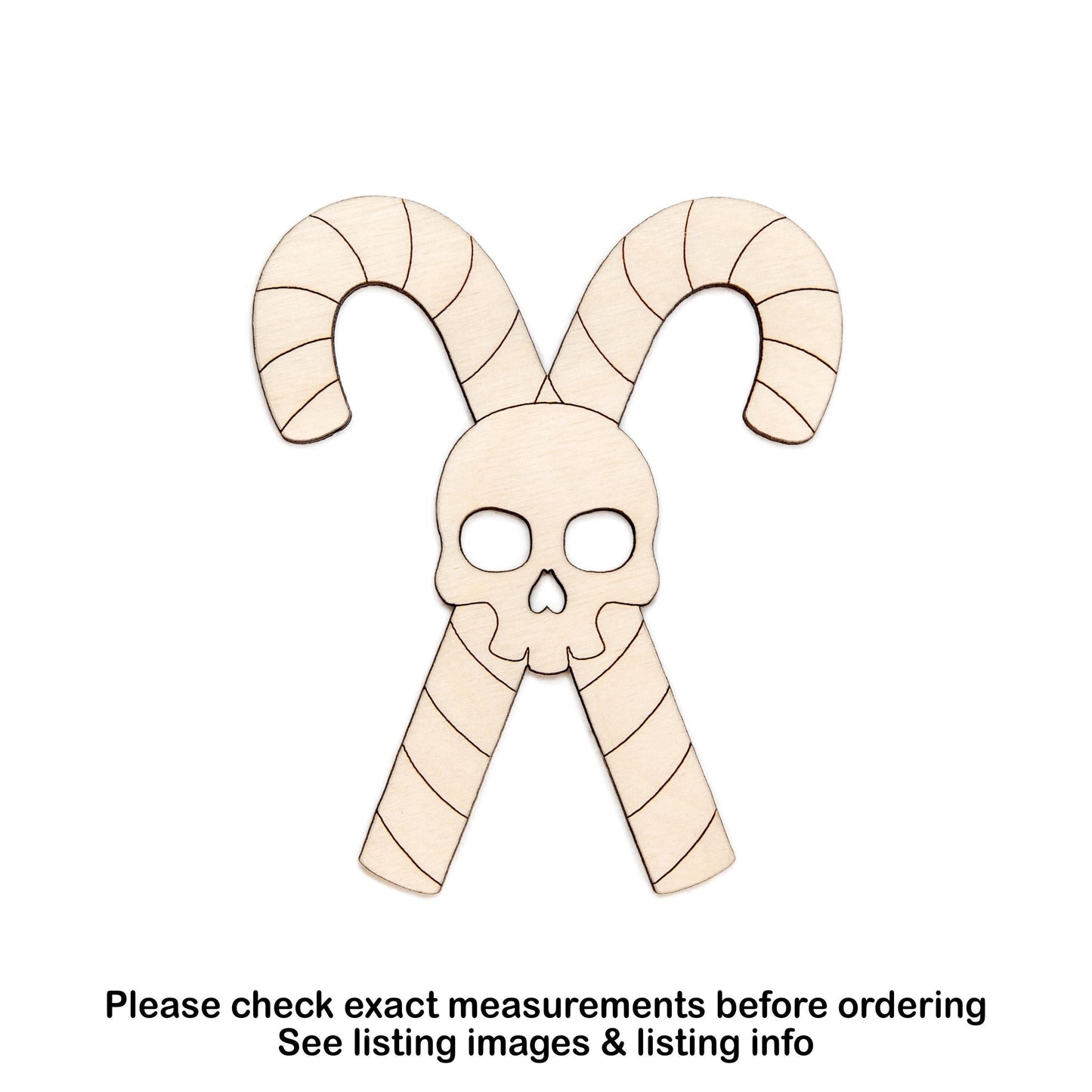 Candy Canes With Skull Detailed Wood Cutout - Laser Cut Unfinished Craft Shape - Multiple Sizes