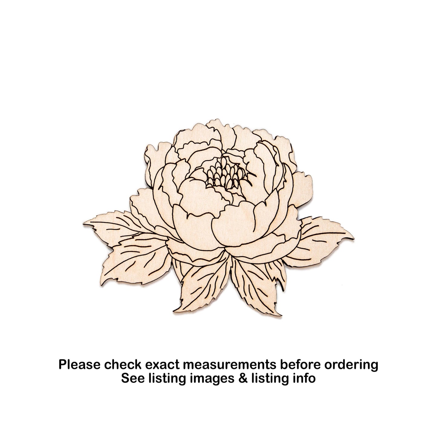 Peony Flower With Leaves Wood Cutout - Laser Cut Unfinished Craft Shape - Multiple Sizes
