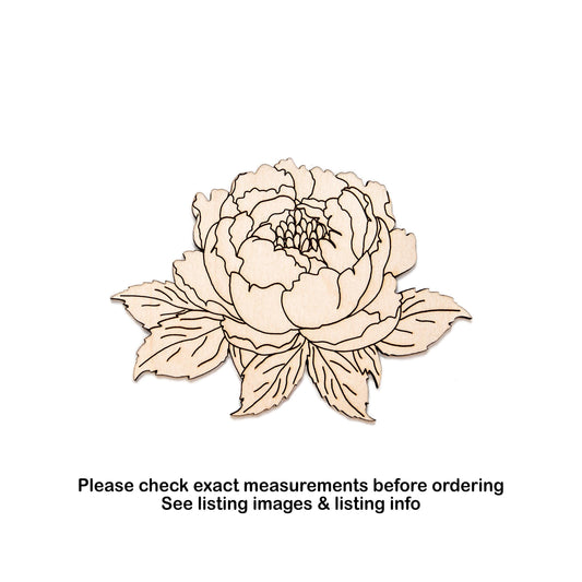 Peony Flower With Leaves Wood Cutout - Laser Cut Unfinished Craft Shape - Multiple Sizes