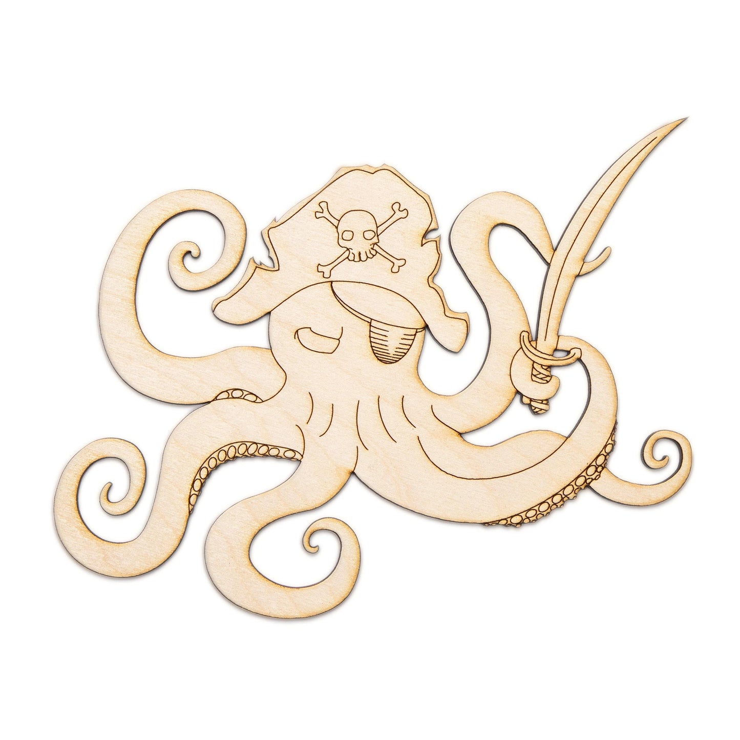 Pirate Octopus Wood Cutout - Laser Cut Unfinished Craft Shape - Multiple Sizes
