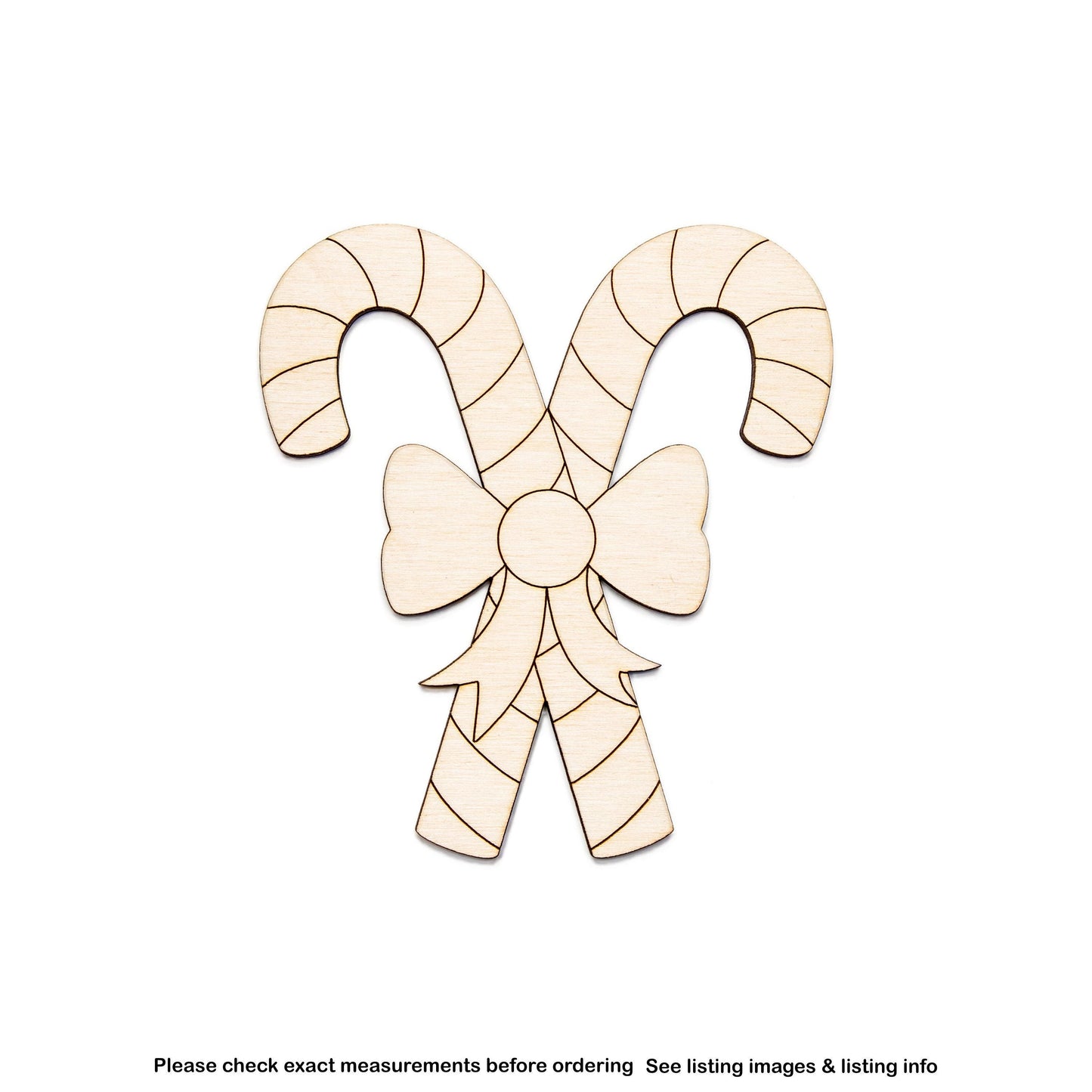 Candy Canes Crossed With Bow Wood Cutout - Laser Cut Unfinished Craft Shape - Multiple Sizes