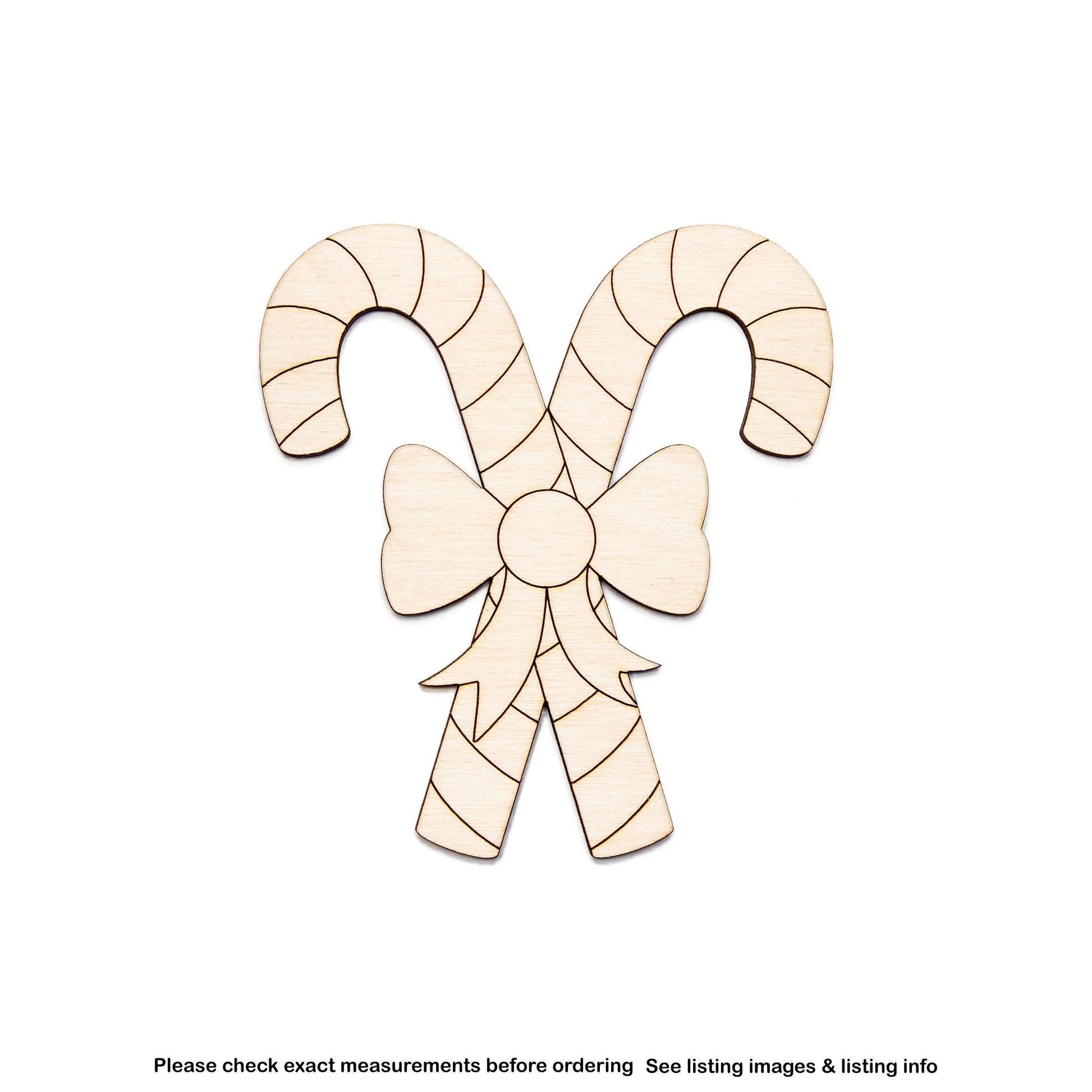 Candy Canes Crossed With Bow Wood Cutout - Laser Cut Unfinished Craft Shape - Multiple Sizes