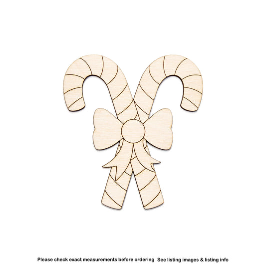 Candy Canes Crossed With Bow Wood Cutout - Laser Cut Unfinished Craft Shape - Multiple Sizes