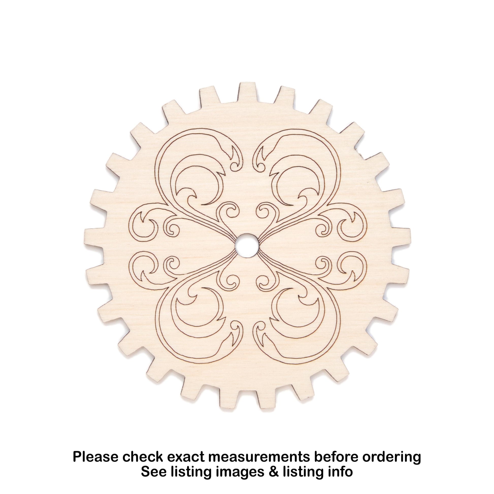 Filigree Gear Design Wood Cutout - Laser Cut Unfinished Craft Shape - Multiple Sizes
