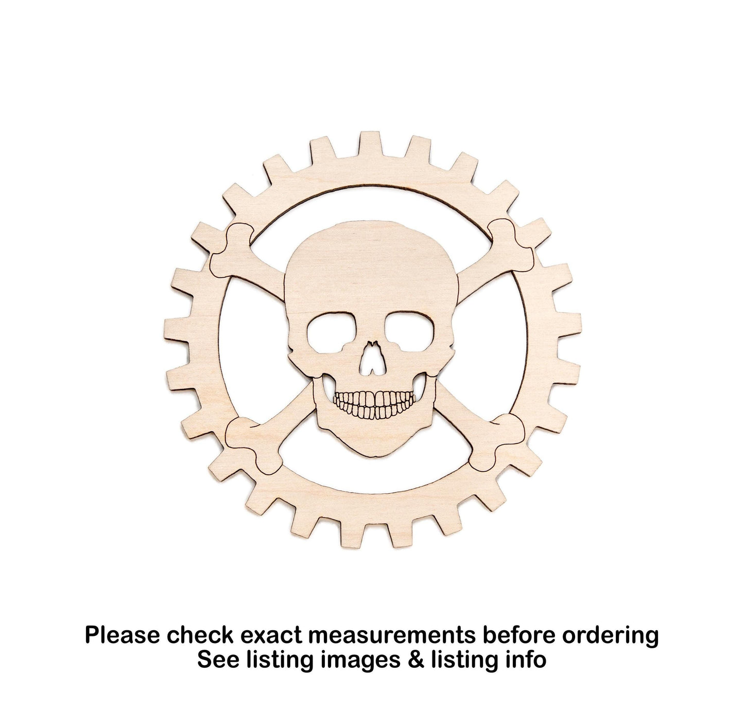Skull Gear Detailed Wood Cutout - Laser Cut Unfinished Craft Shape - Multiple Sizes