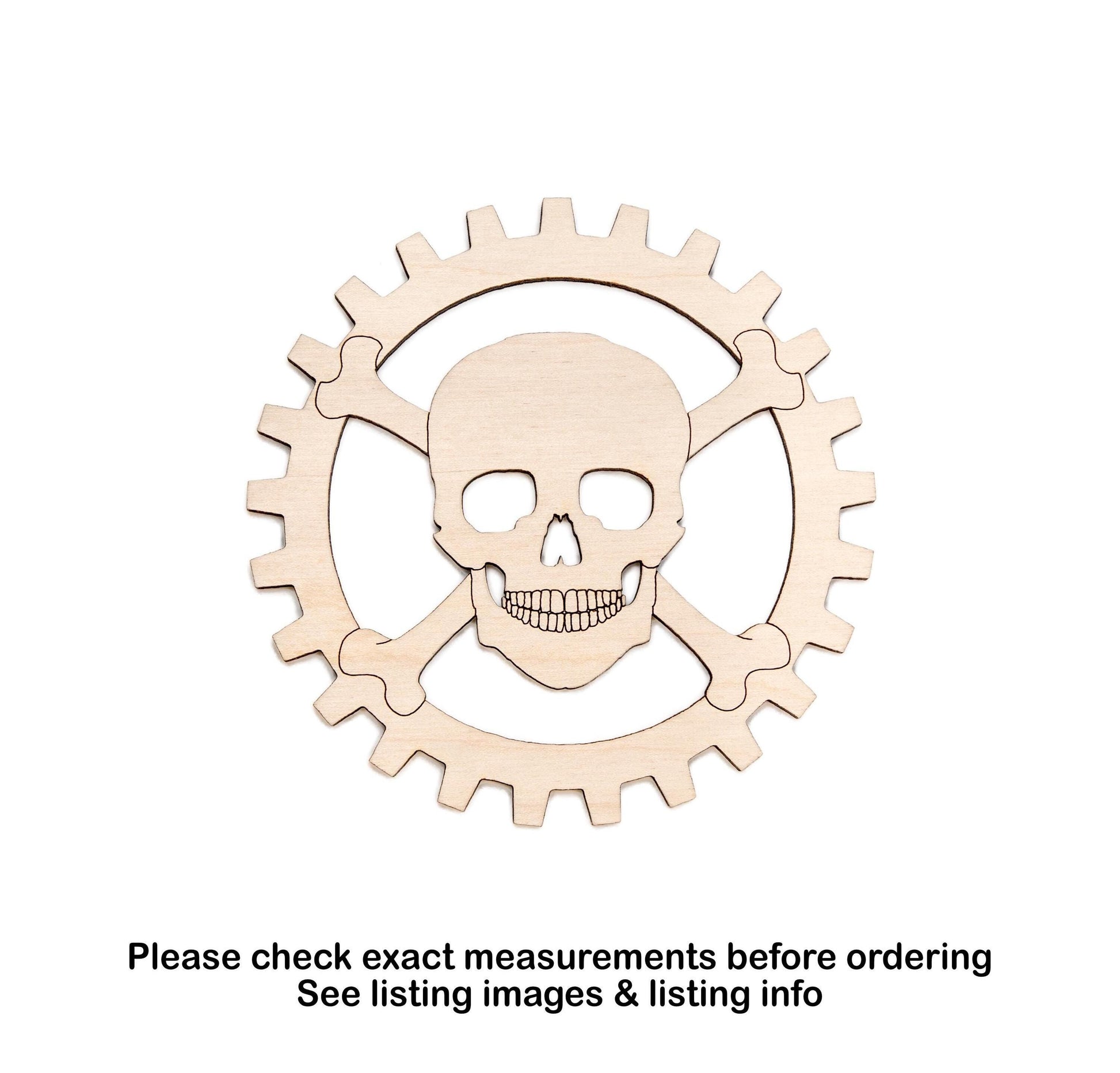 Skull Gear Detailed Wood Cutout - Laser Cut Unfinished Craft Shape - Multiple Sizes