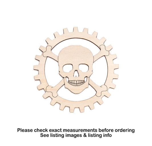Skull Gear Detailed Wood Cutout - Laser Cut Unfinished Craft Shape - Multiple Sizes