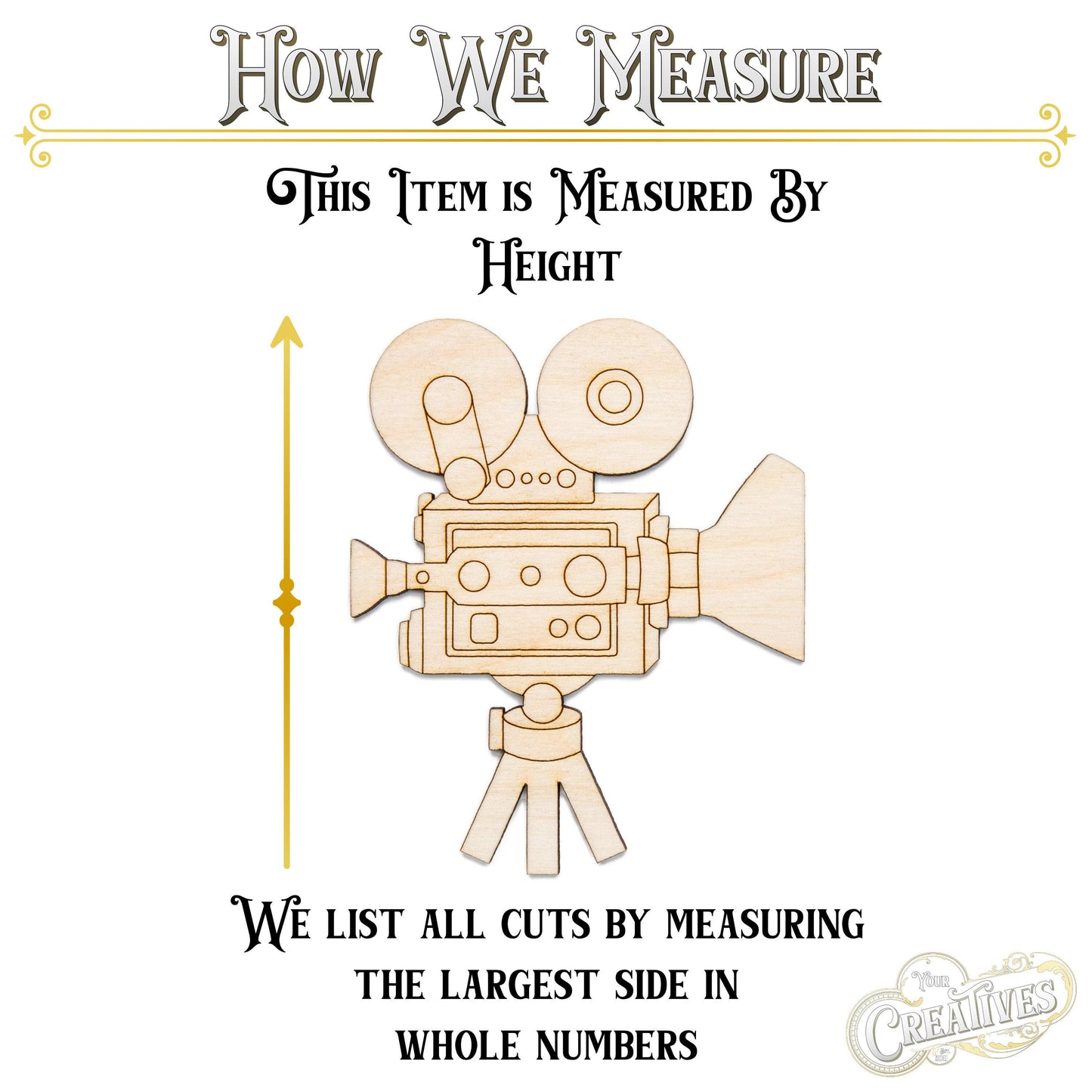 Movie Film Camera With Tripod Wood Cutout - Laser Cut Unfinished Craft Shape - Multiple Sizes