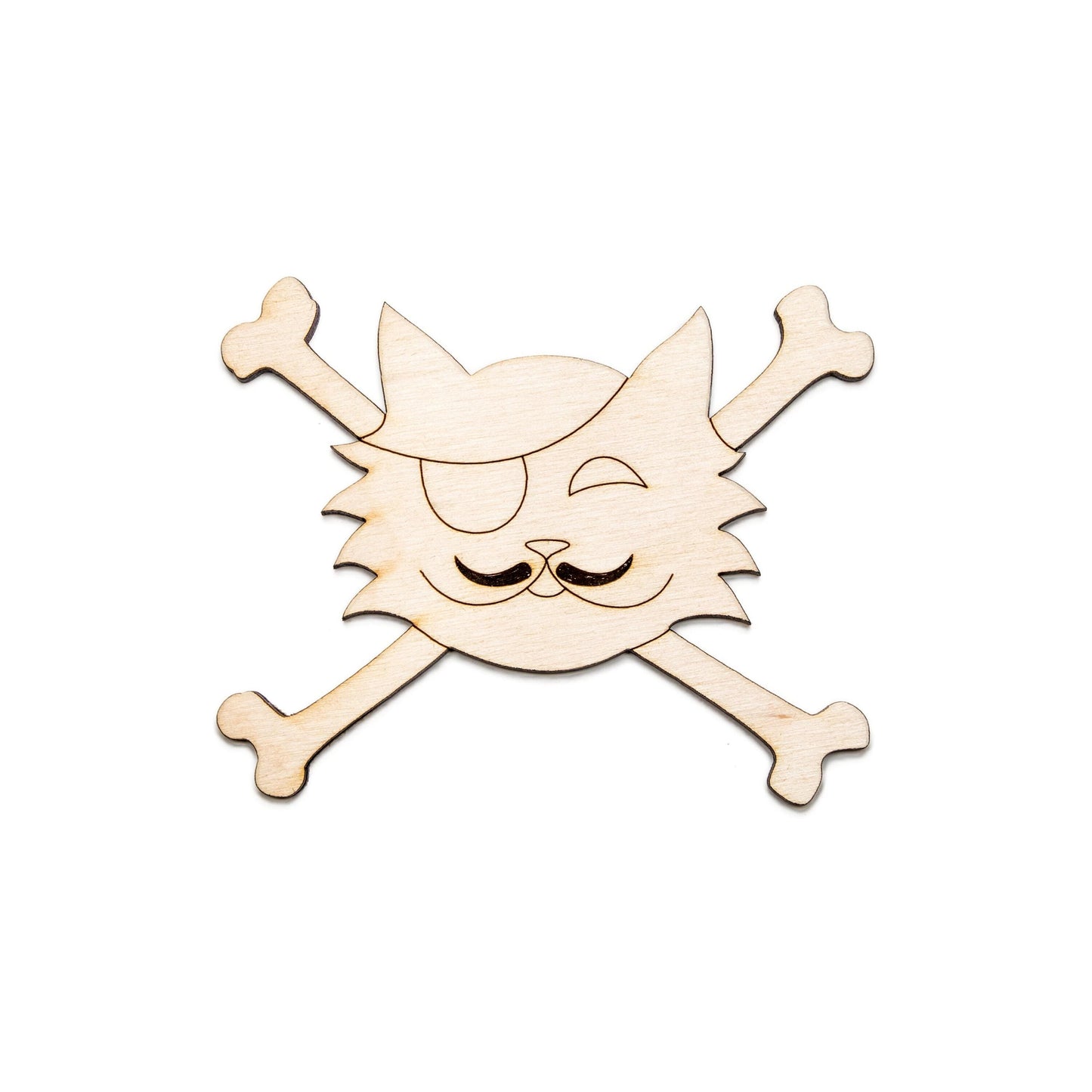 Pirate Mustache Cat And Crossbones Wood Cutout - Laser Cut Unfinished Craft Shape - Multiple Sizes