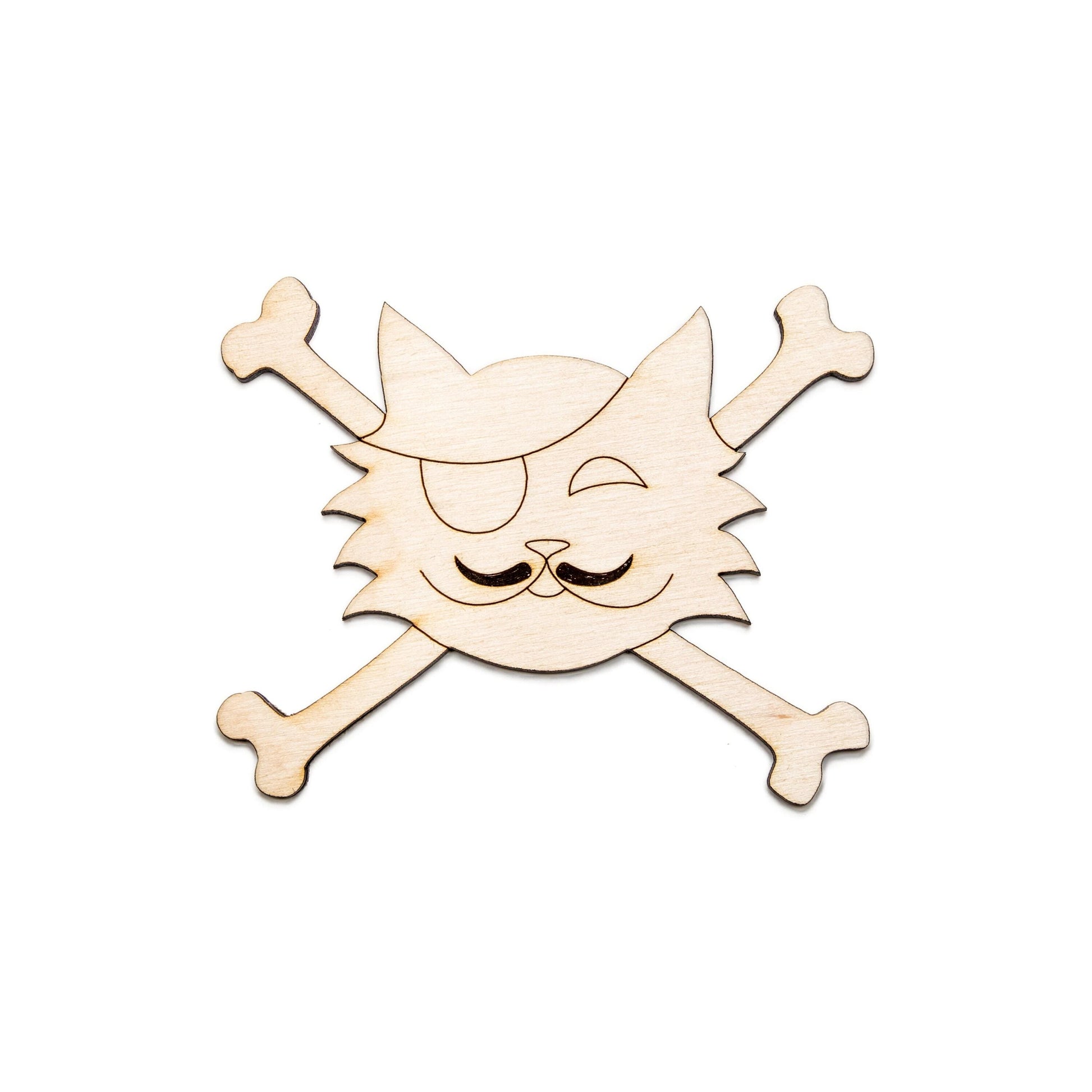 Pirate Mustache Cat And Crossbones Wood Cutout - Laser Cut Unfinished Craft Shape - Multiple Sizes