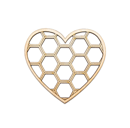 Honeycomb Heart Wood Cutout - Laser Cut Unfinished Craft Shape - Multiple Sizes