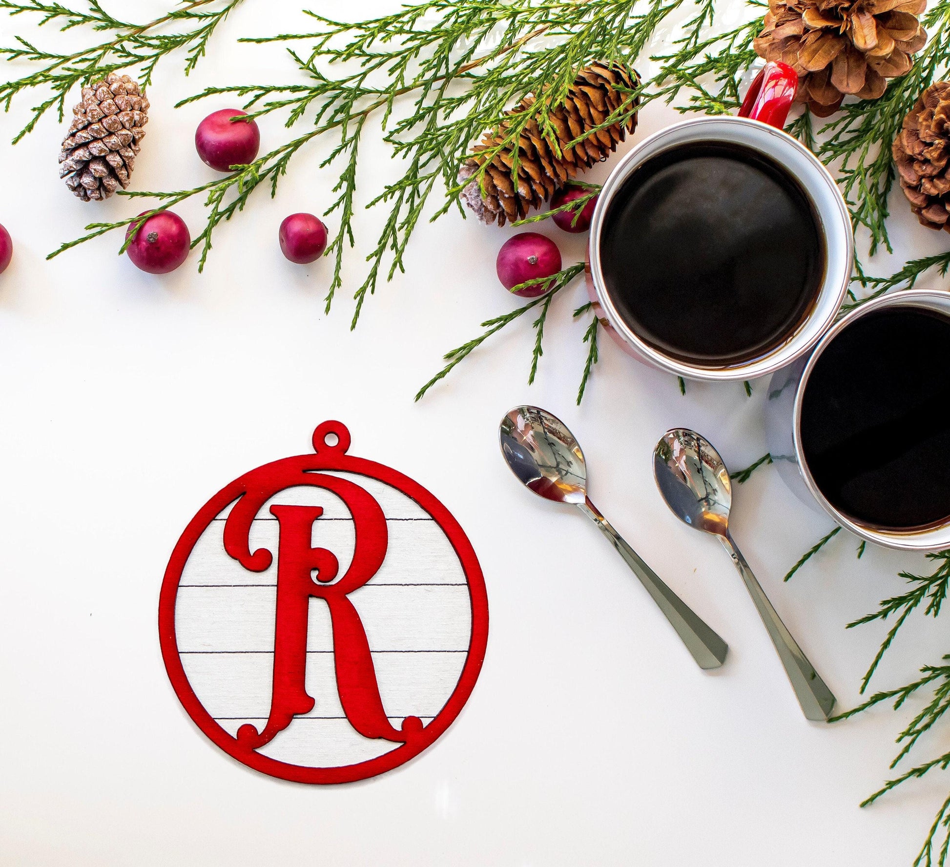 Custom Monogram Painted Layered Wood Ornament - Laser Cut Personalized Holiday Craft Shape