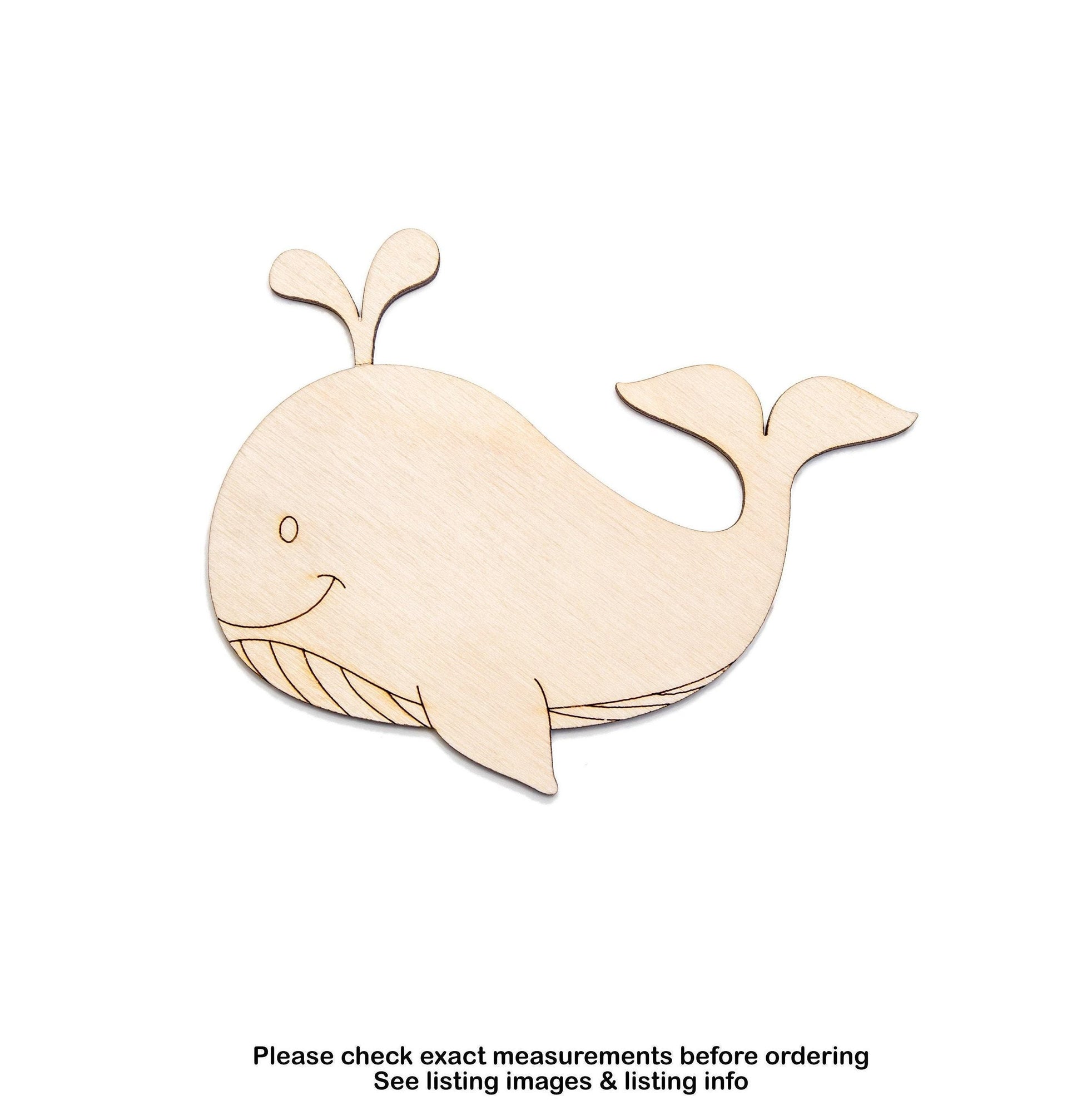 Whale Cute Detailed Wood Cutout - Laser Cut Unfinished Craft Shape - Multiple Sizes