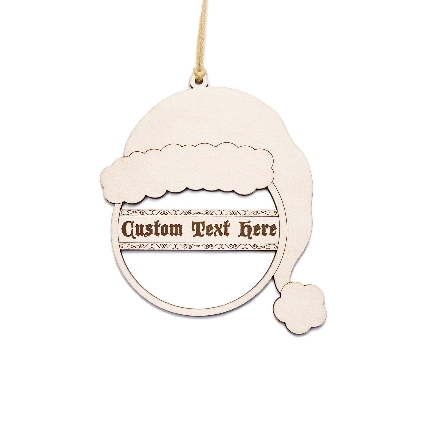 Santa Hat Ball With Filigree Banner Wood Ornament - Laser Cut Personalized Holiday Craft Shape