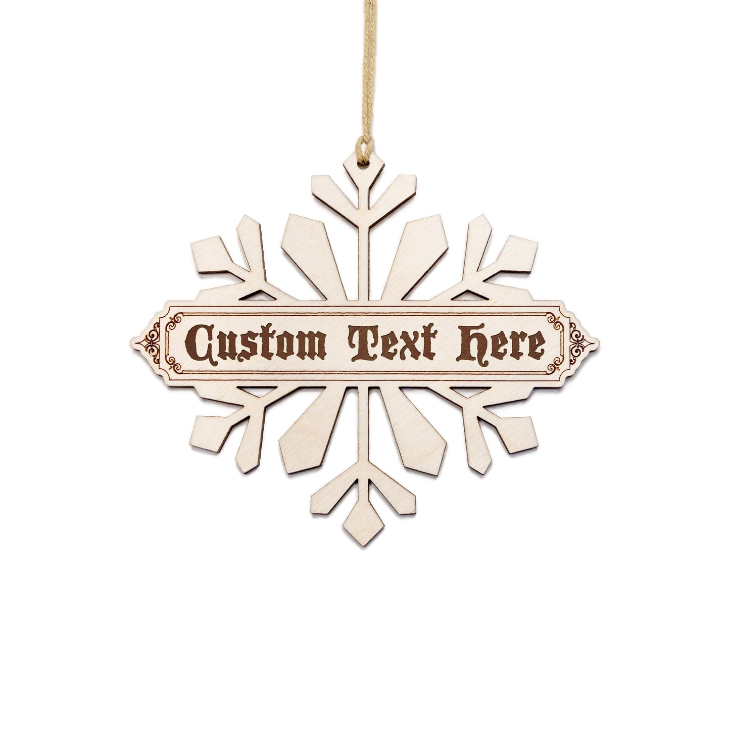 Snowflake With Filigree Banner Custom Etched Wood Ornament - Laser Cut Personalized Holiday Craft Shape