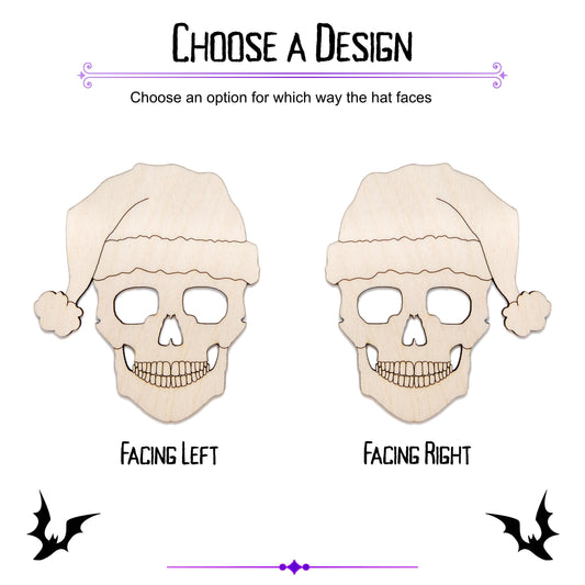 Skull With Santa Hat Detailed Wood Cutout - Laser Cut Unfinished Craft Shape - Multiple Sizes