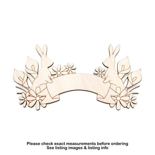 Floral Bunny Banner Detailed Wood Cutout - Laser Cut Unfinished Craft Shape - Multiple Sizes