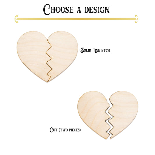 Broken Heart Wood Cutout - Laser Cut Unfinished Craft Shape - Multiple Sizes