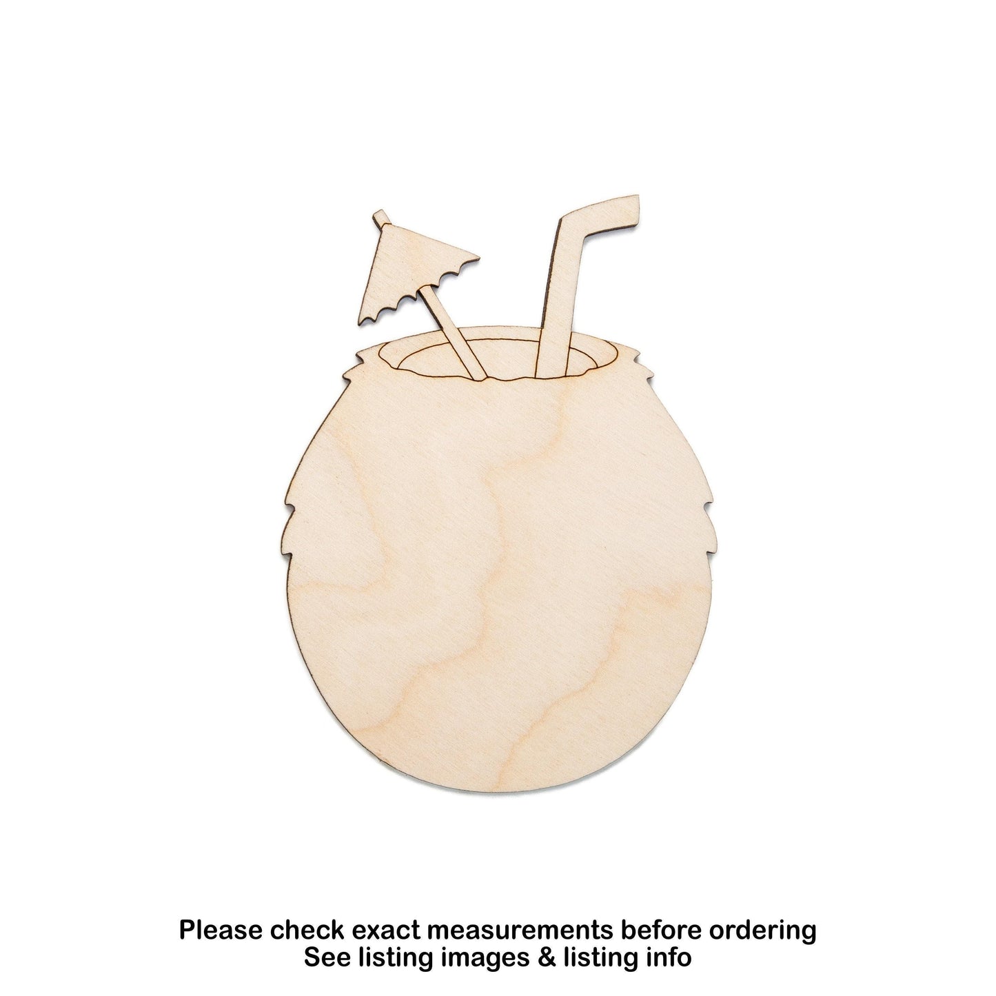 Coconut Drink Wood Cutout - Laser Cut Unfinished Craft Shape - Multiple Sizes