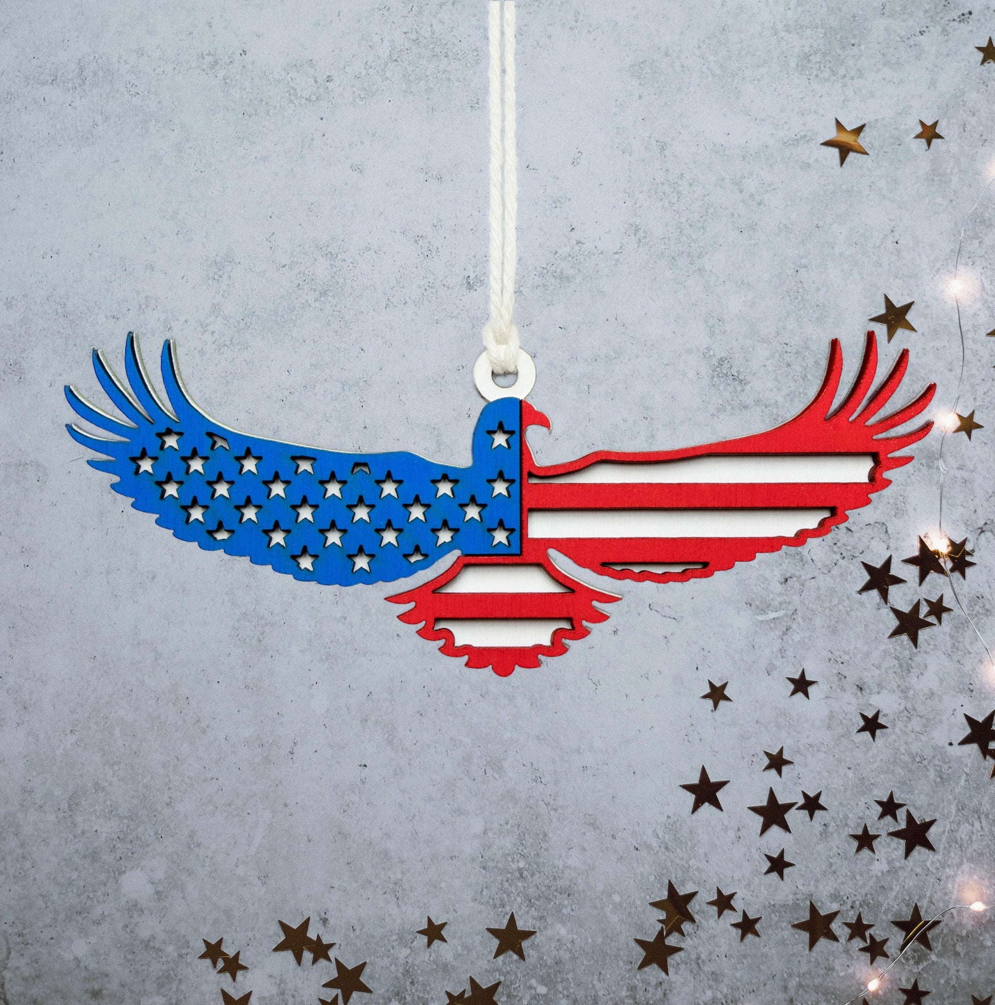 American Flag Eagle Painted Wood Ornament - Laser Cut Patriotic Holiday Craft Shape