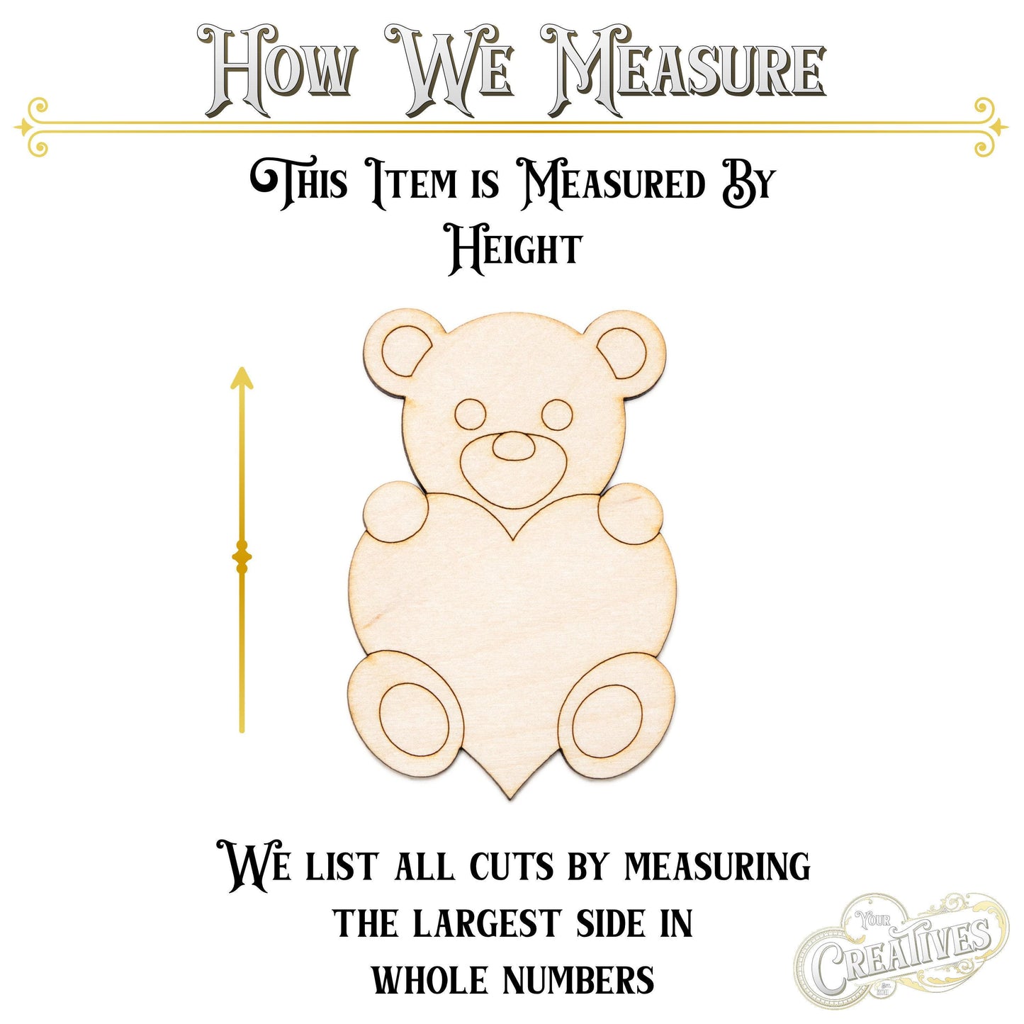 Teddy Bear With Heart Wood Cutout - Laser Cut Unfinished Craft Shape - Multiple Sizes