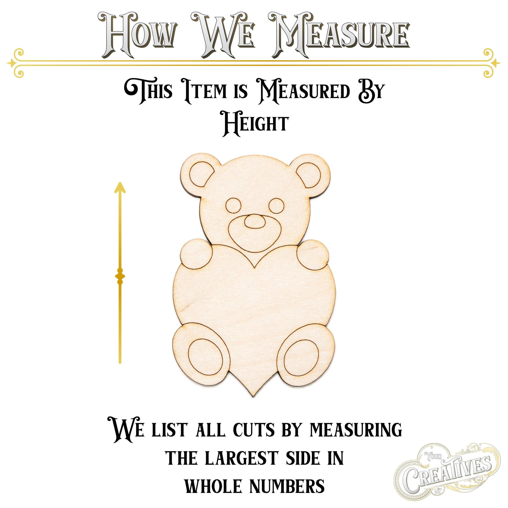 Teddy Bear With Heart Wood Cutout - Laser Cut Unfinished Craft Shape - Multiple Sizes