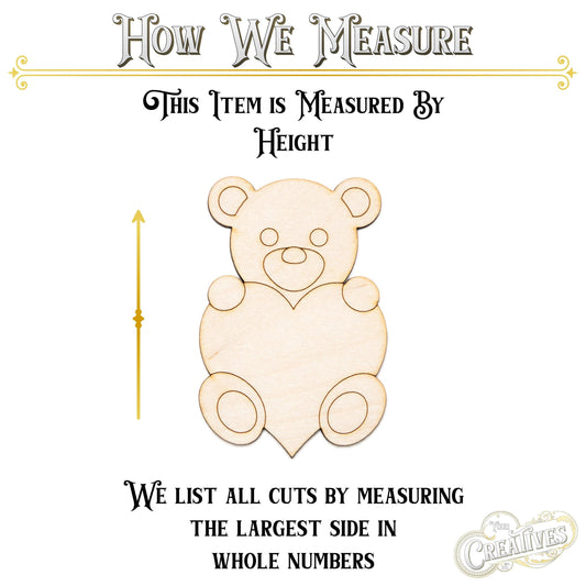 Teddy Bear With Heart Wood Cutout - Laser Cut Unfinished Craft Shape - Multiple Sizes