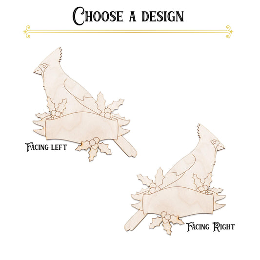 Cardinal Holiday Banner Detailed Wood Cutout - Laser Cut Unfinished Craft Shape - Multiple Sizes