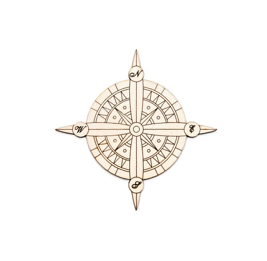 Pointed Compass Detailed Wood Cutout - Laser Cut Unfinished Craft Shape - Multiple Sizes