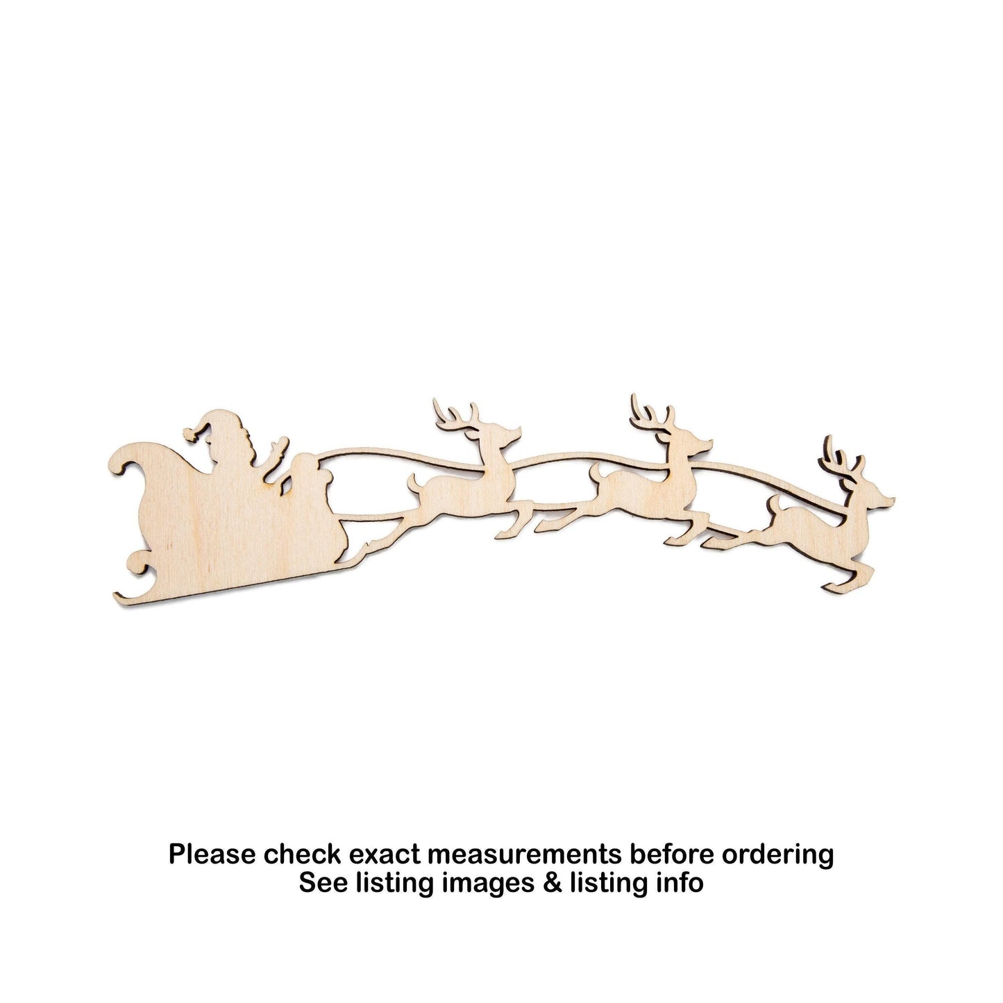 Santa Sleigh With Flying Reindeer Blank Wood Cutout - Laser Cut Unfinished Craft Shape - Multiple Sizes