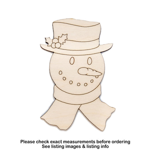 Snowman Head With Top Hat Detailed Wood Cutout - Laser Cut Unfinished Craft Shape - Multiple Sizes